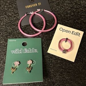 Wild Fable Pink Floral Earrings, Acrylic Stone Ring and Hoop Earrings